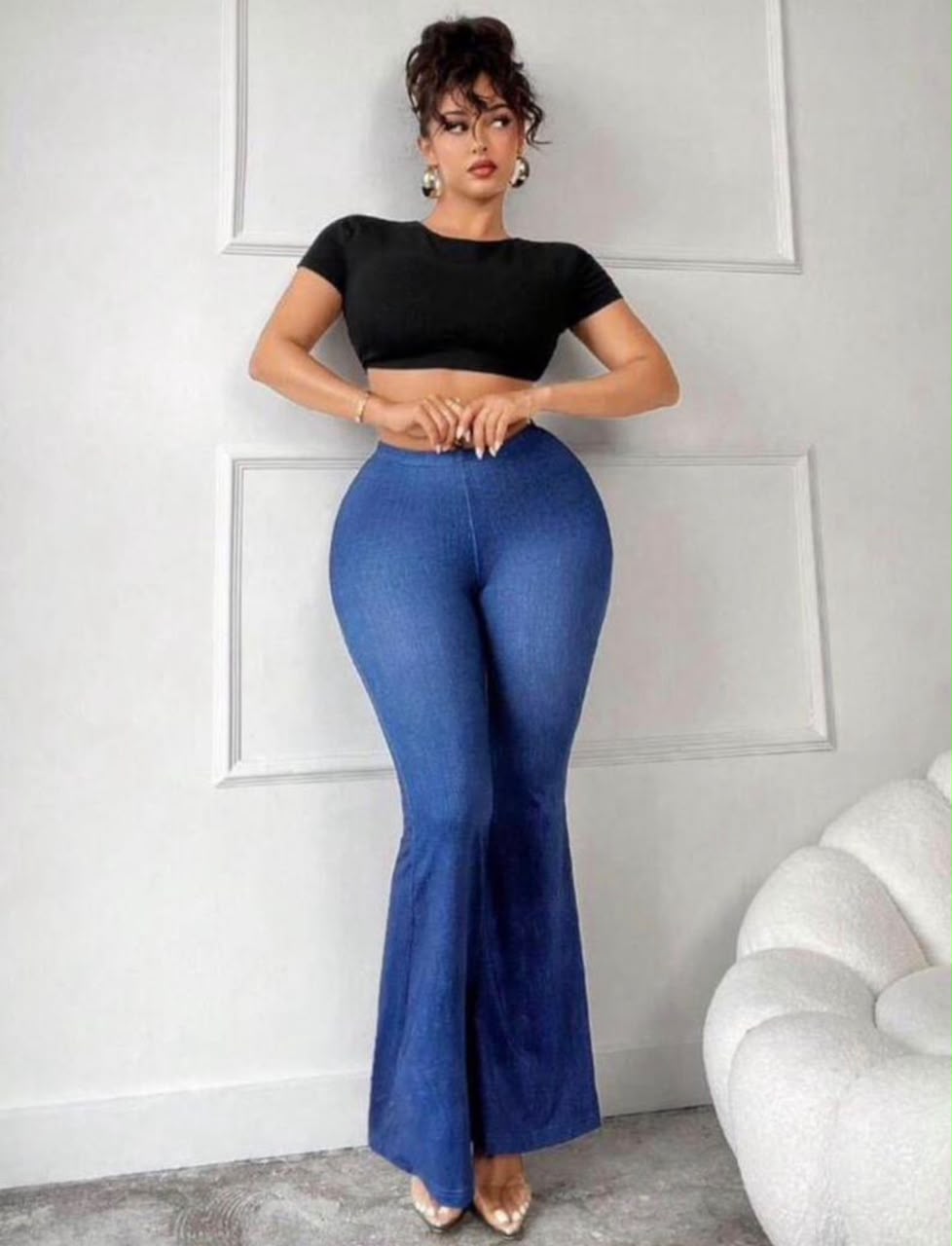 Plus Size, [Printed Pants - Not Denim Fabric] Plus Size Casual Fashion Imitation Denim Print, Elastic Waist Versatile Comfortable Women's Flare Pants, Trousers